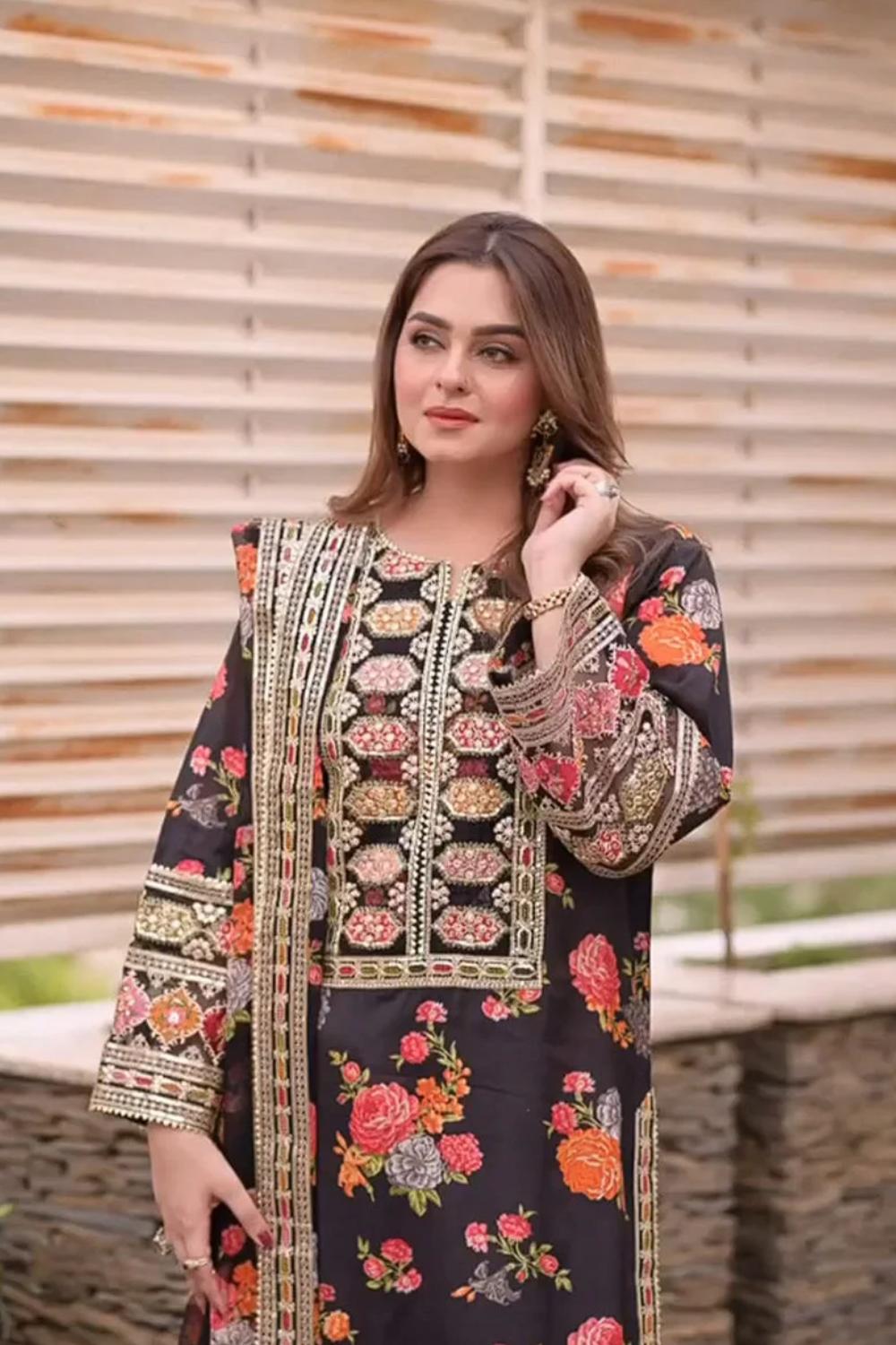 Embroidered Silk Unstitched 3PC Set | FS3089