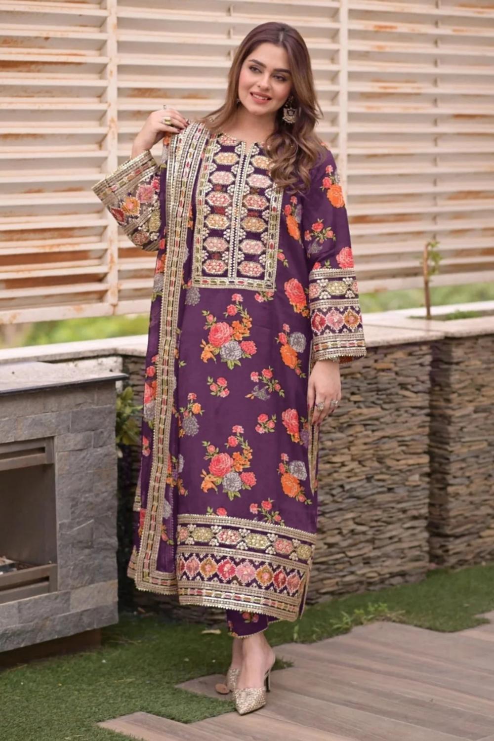 Embroidered Silk Unstitched 3PC Set | FS3090