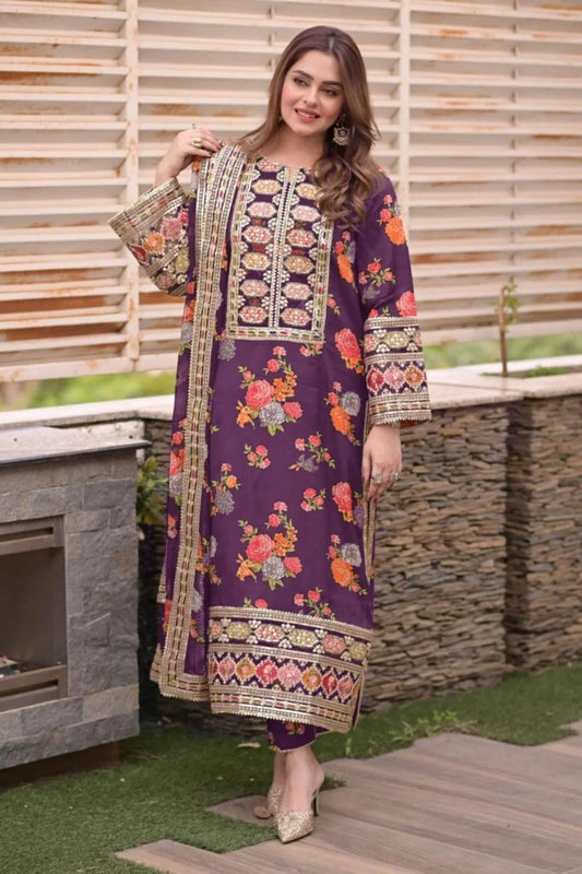 Embroidered Silk Unstitched 3PC Set | FS3090