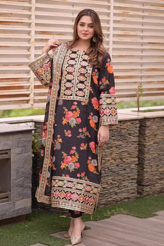 Embroidered Silk Unstitched 3PC Set | FS3089